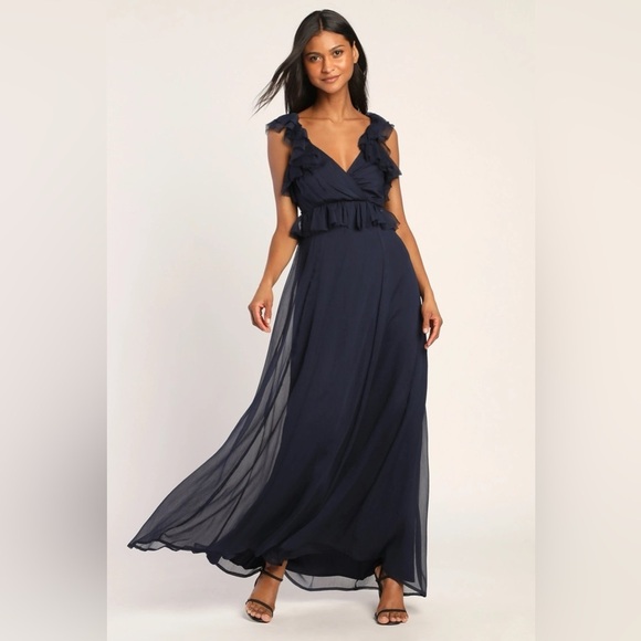NWT Lulus Navy Blue Ruffled Tie-Back‎ Maxi Dress - Picture 1 of 7